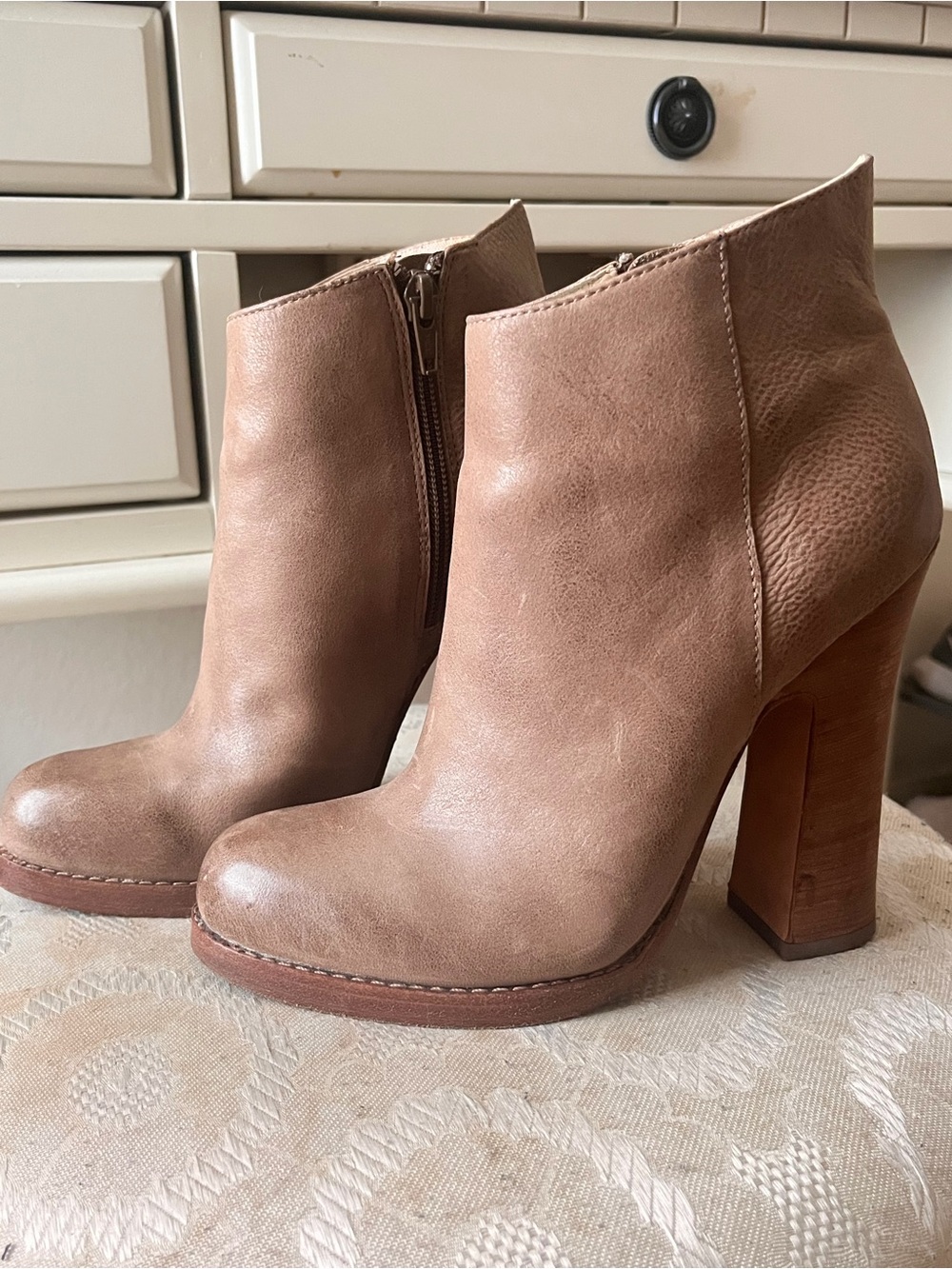 Women's Tan Leather High-Heel Ankle Boots